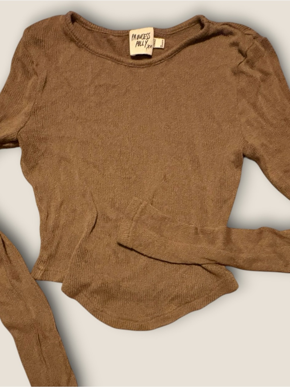 Princess Polly Women's Fitted Taupe Long-Sleeve Cropped Knit Sweater